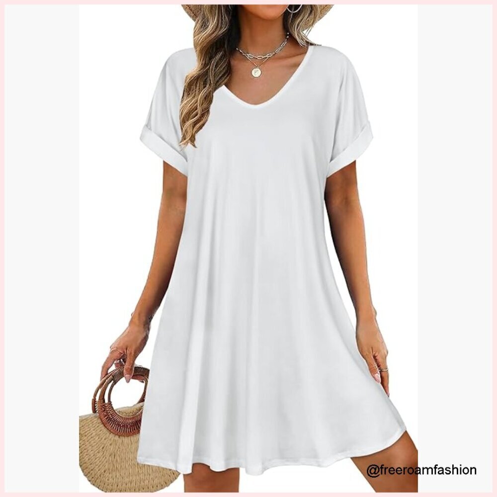 Loose Fit V-Neck T-Shirt Dress with Pockets, Summer Casual Sundress
